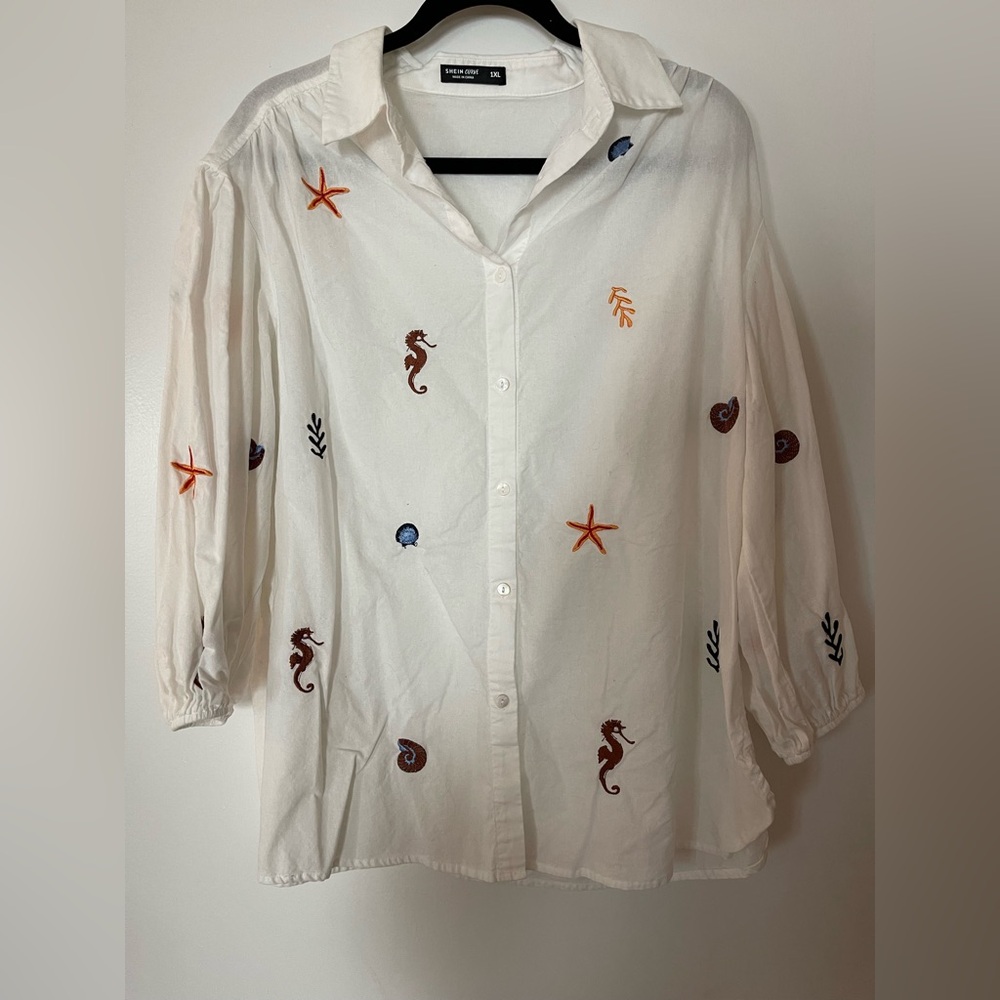 SHEIN White Button Down with Nautical Embroidery
